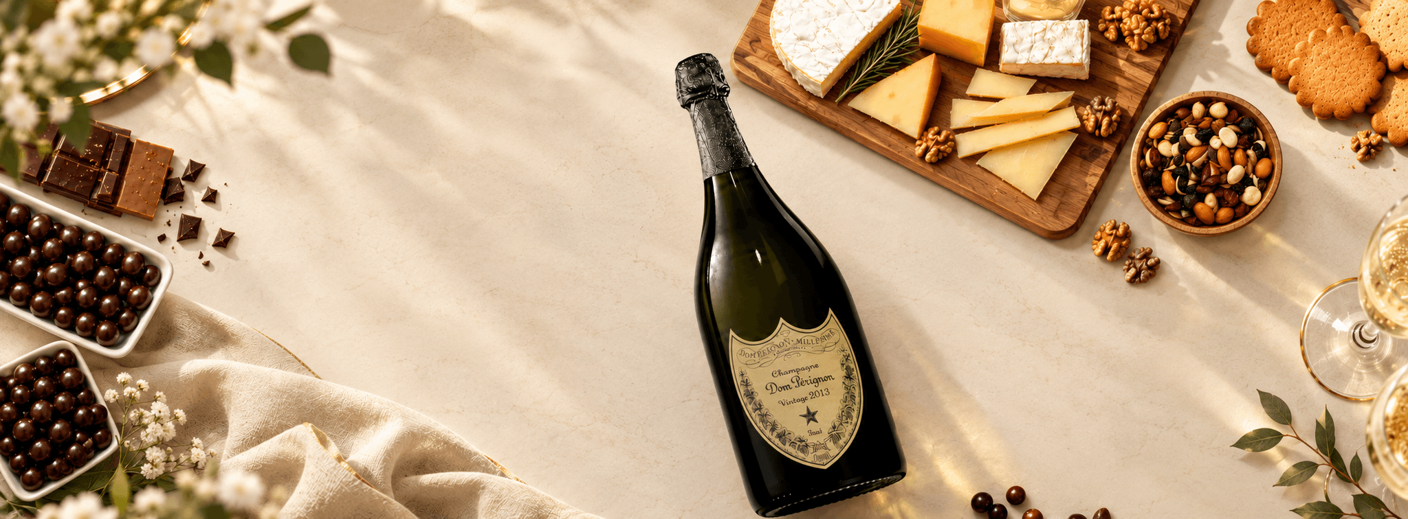 Personalized corporate gift — champagne, cheese board, and gift box