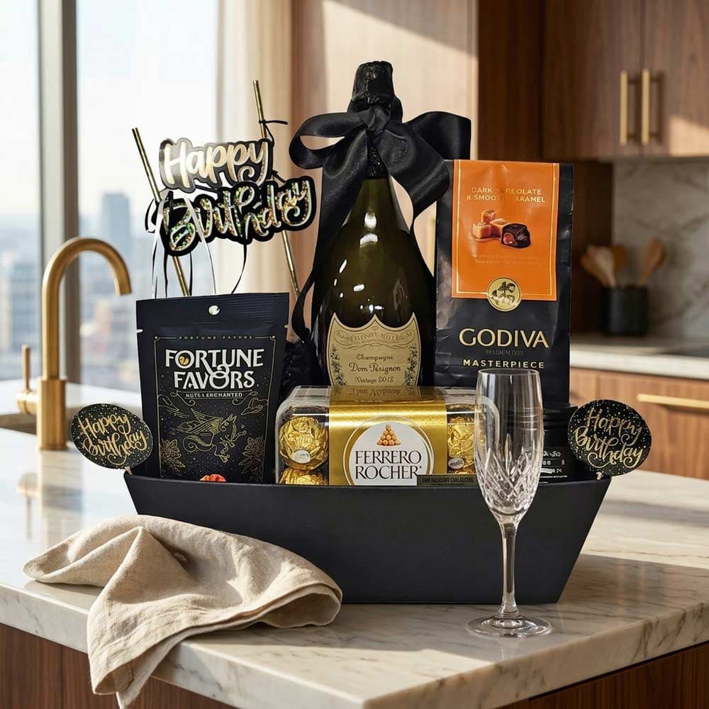 Dom Perignon Champagne with Birthday Gift Basket
