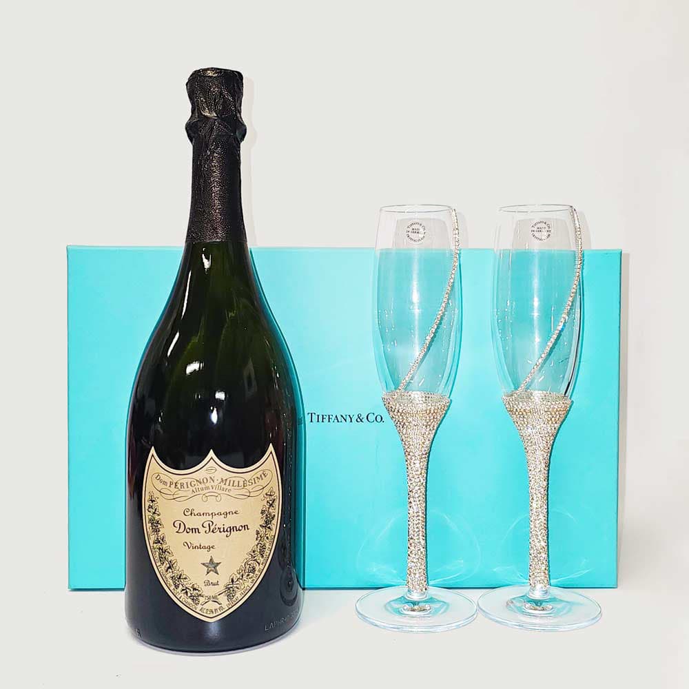Tiffany Toasting Flutes & Dom Perignon Champagne Gift Set