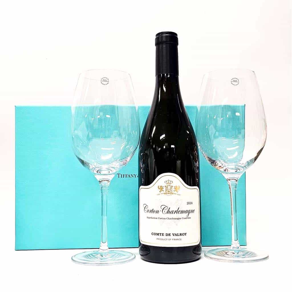 Corton Charlemagne Grand Cru White Wine and Tiffany & Co Wine Glasses Gift Set