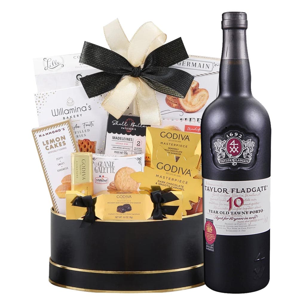 Taylor Fladgate 10 Year Old Tawny Port Wine And Godiva Gift Basket Taylor Fladgate 10 Year Old Tawny Port Wine And Godiva Gift Basket