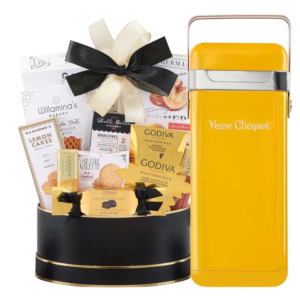 Veuve Clicquot Chiller And Godiva Black & Gold Celebration Gift Basket Veuve Clicquot Chiller And Godiva Black & Gold Celebration Gift Basket