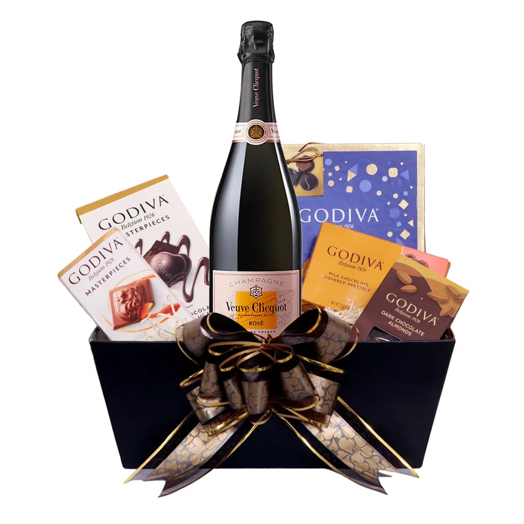 Veuve Clicquot Rose & Assorted Godiva Chocolates Gift Basket Veuve Clicquot Rose & Assorted Godiva Chocolates Gift Basket