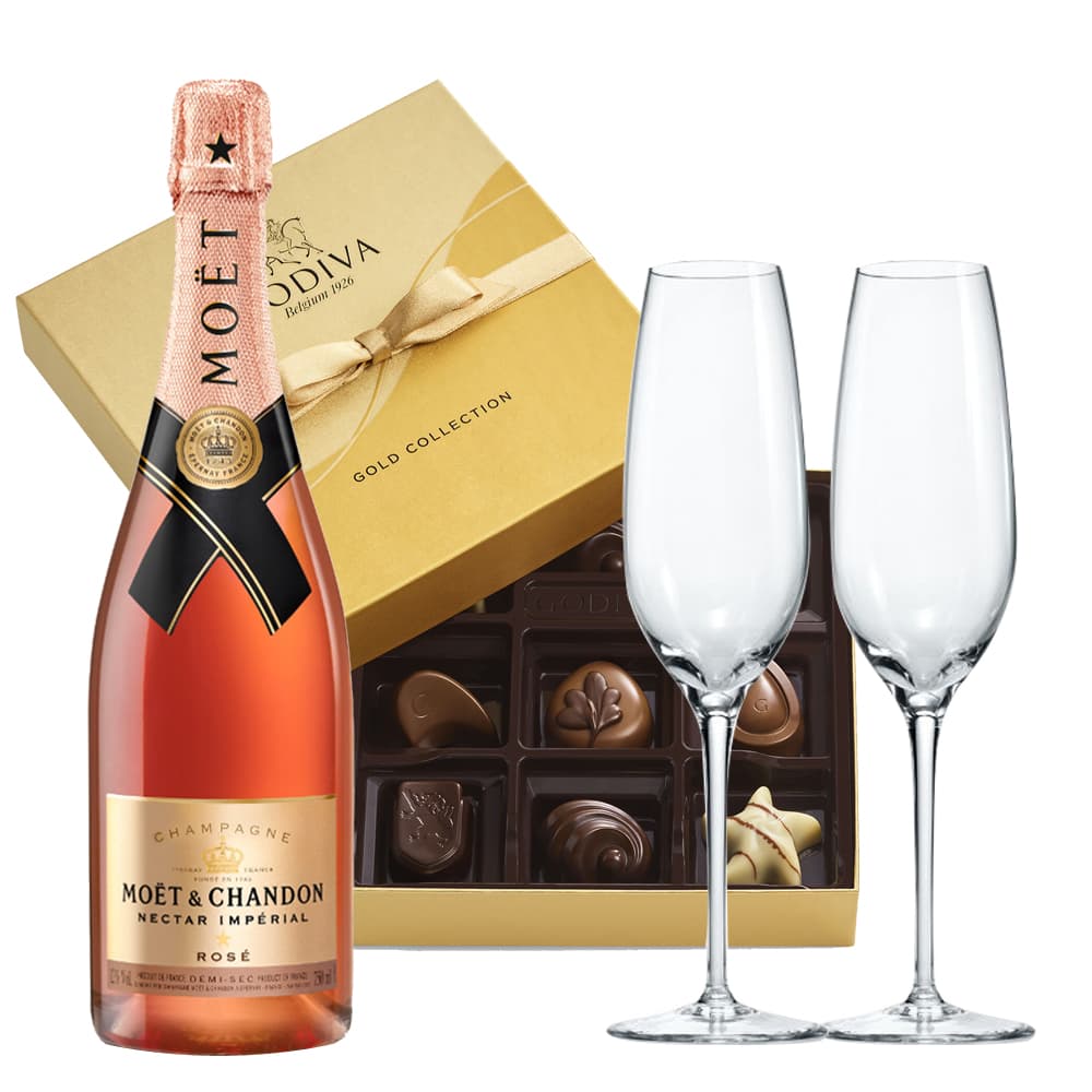 Moët & Chandon Nectar Imperial Rosé, Tiffany Flutes & Godiva Chocolate Gift Set