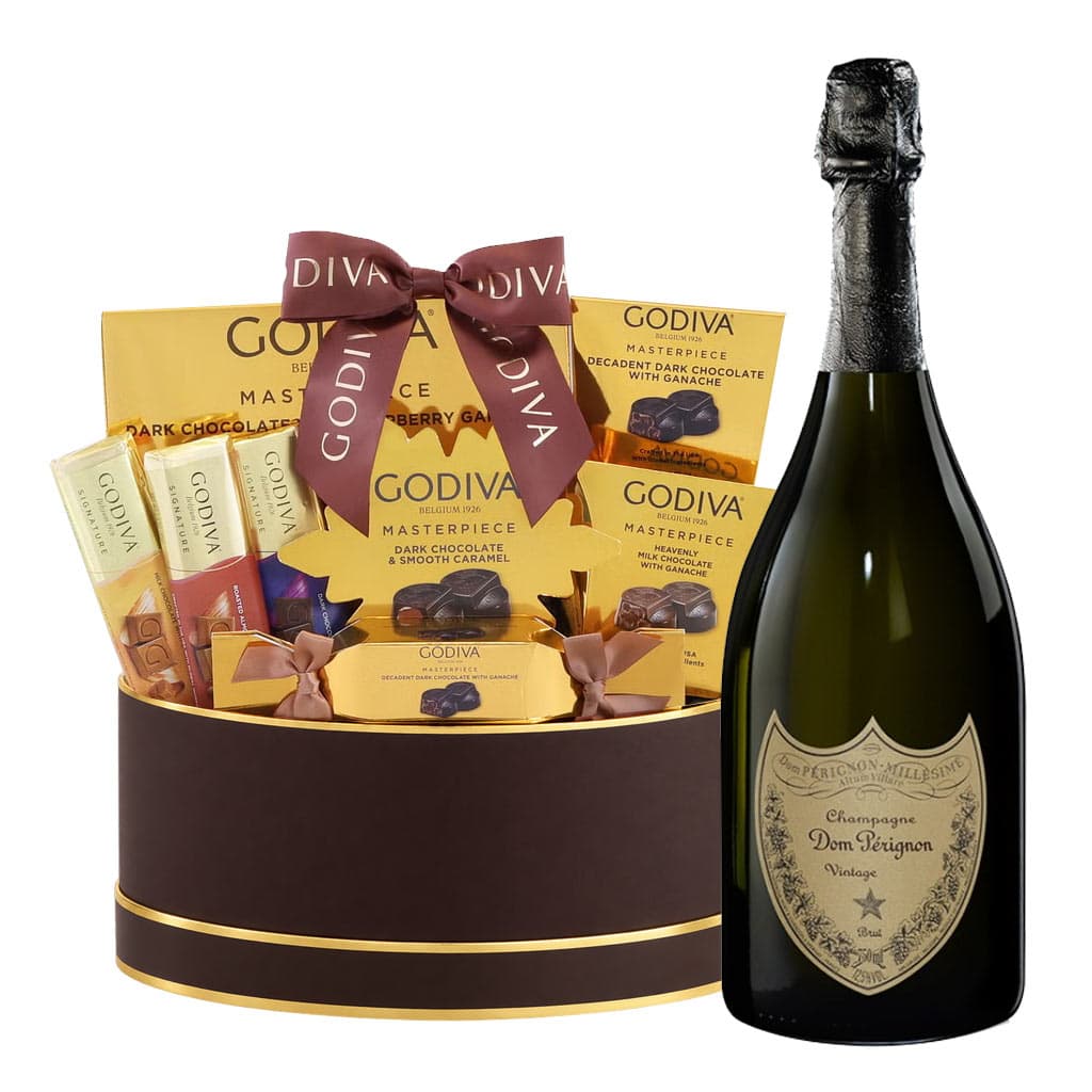 Dom Perignon Champagne And Godiva Black & Gold Celebration Gift Basket
