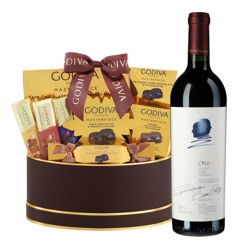 Opus One Red Wine And Godiva Black & Gold Celebration Gift Basket