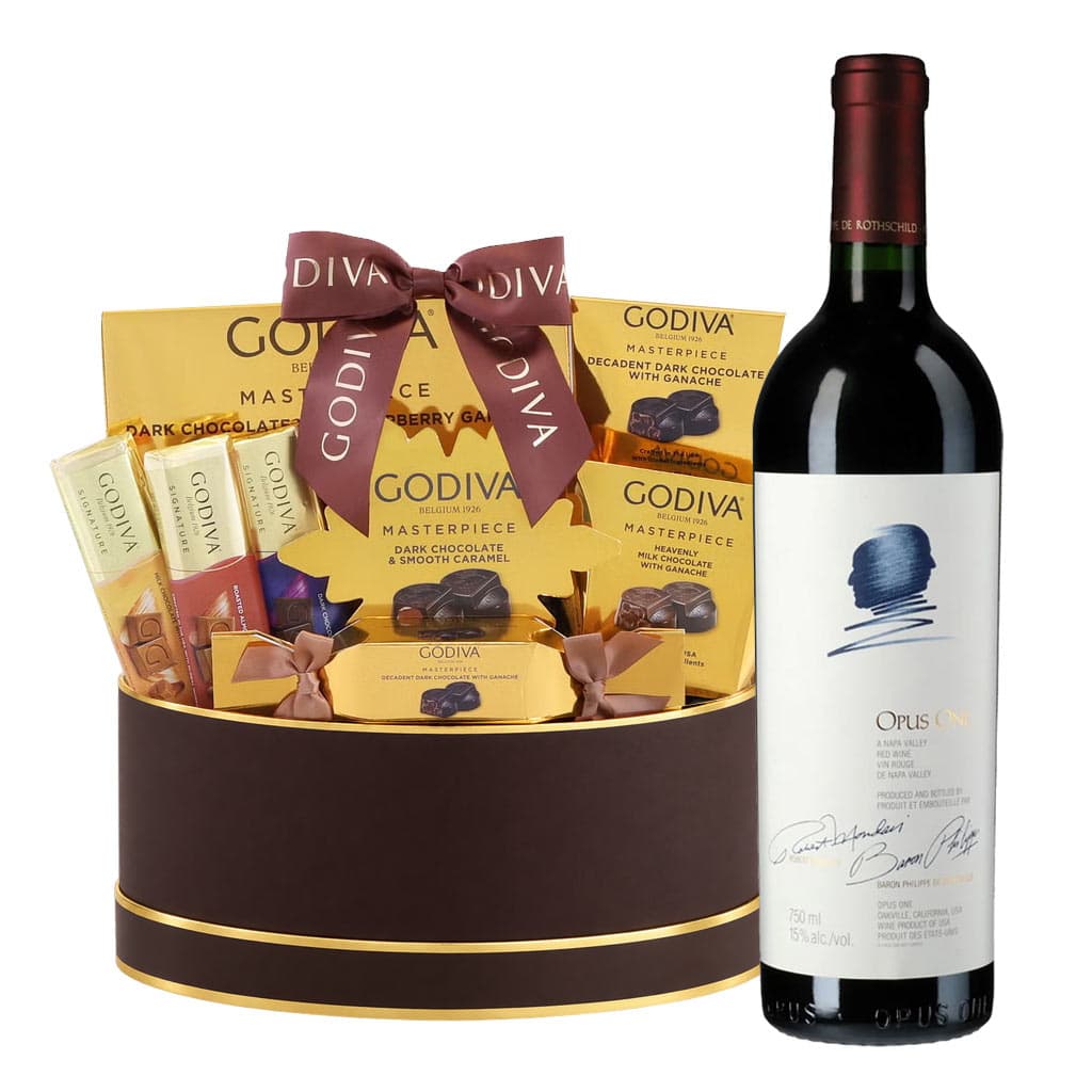 Opus One Red Wine And Godiva Black & Gold Celebration Gift Basket