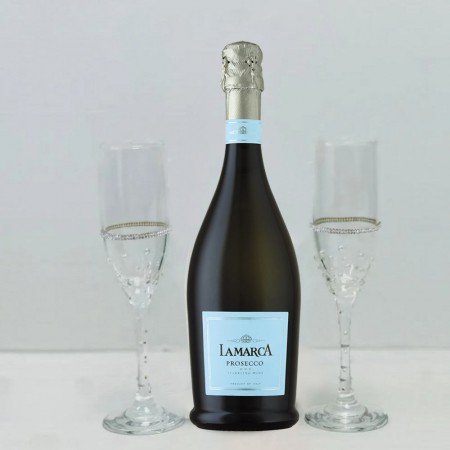 La Marca Prosecco And Flutes Adorned with Pearls & Ribbon La Marca Prosecco And Flutes Adorned with Pearls & Ribbon