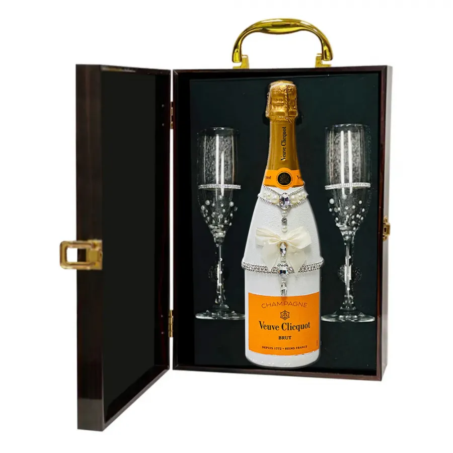 Veuve Clicquot Champagne And Flutes Adorned with Pearls & Crystals