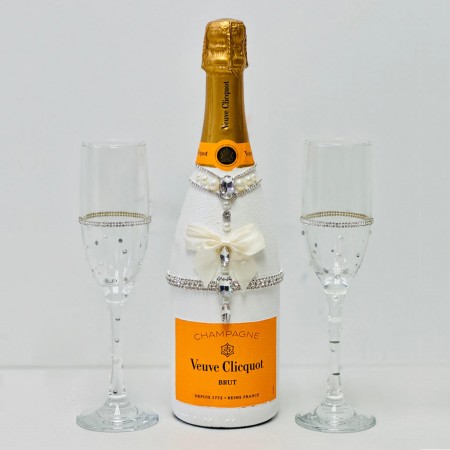Hand-Painted Veuve Clicquot Champagne And Flutes Gift Set