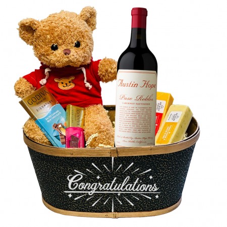 Congratulations Gift Basket With Austin Hope Wine, Chocolates & Teddy Bear Congratulations Gift Basket With Austin Hope Wine, Chocolates & Teddy Bear