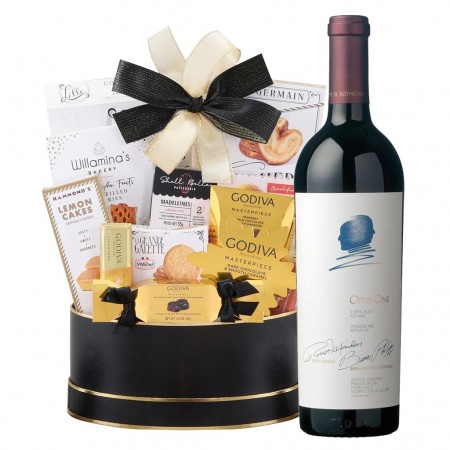 Opus One Red Wine And Godiva Black & Gold Celebration Gift Basket Opus One Red Wine And Godiva Black & Gold Celebration Gift Basket