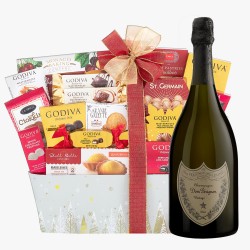 Dom Perignon Champagne Holiday Wishes Godiva Chocolate Gift Basket 