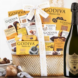 Godiva Chocolate Holiday Wishes Gift Basket With Dom Perignon