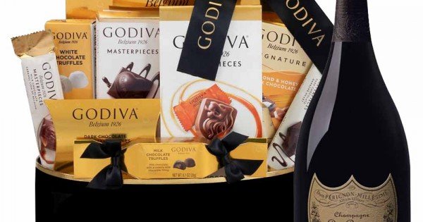 Dom Perignon And Godiva Black & Gold Celebration Gift Basket