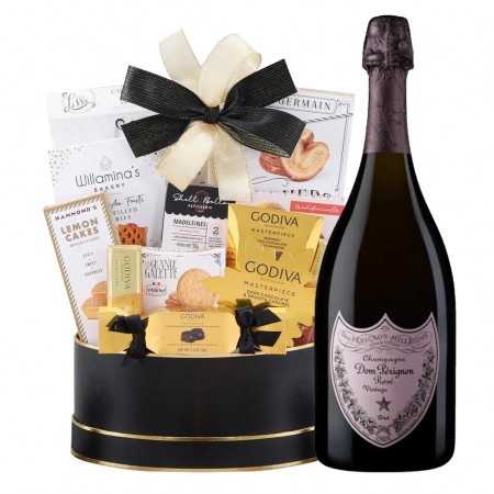 Dom Perignon Rose Champagne And Godiva Black & Gold Celebration Gift Basket Dom Perignon Rose Champagne And Godiva Black & Gold Celebration Gift Basket