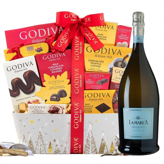 Godiva Chocolate Holiday Wishes Gift Basket With Lamarca Prosecco Godiva Chocolate Holiday Wishes Gift Basket With Lamarca Prosecco