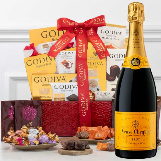 Veuve Clicquot Brut Champagne With Godiva Chocolates Basket Veuve Clicquot Brut Champagne With Godiva Chocolates Basket