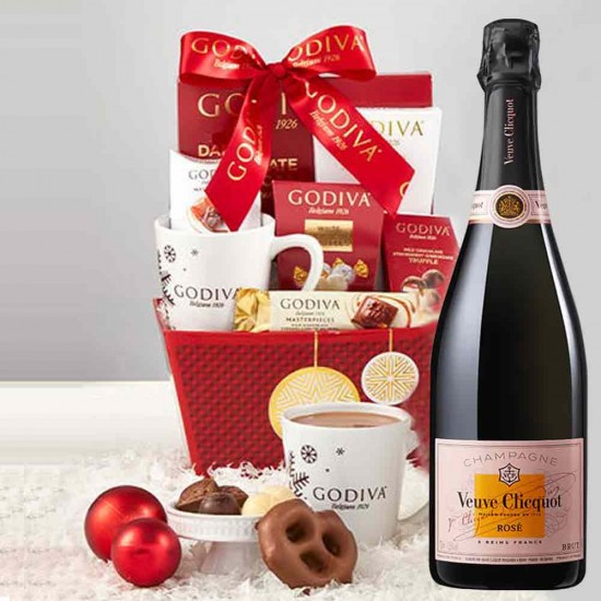 Veuve Clicquot Rose Assorted With Godiva Mug & Chocolate Gift Baskets Veuve Clicquot Rose Assorted With Godiva Mug & Chocolate Gift Baskets
