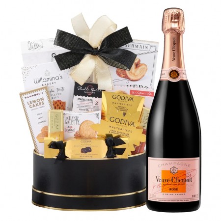 Veuve Clicquot Rose Champagne And Godiva Black & Gold Celebration Gift Basket