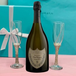Tiffany Toasting Flutes & Dom Perignon Champagne Gift Set