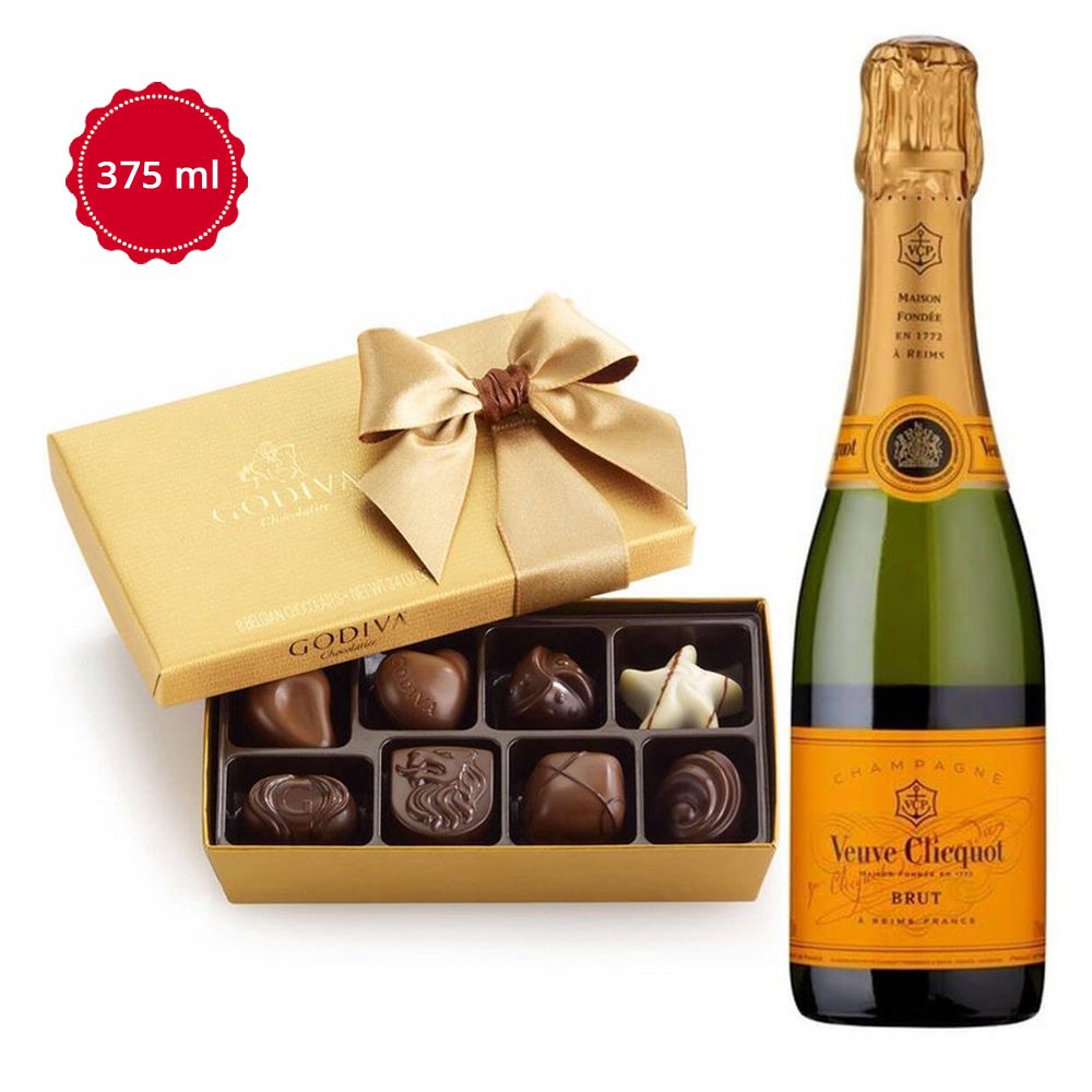 Veuve Clicquot Brut 357 ML & Godiva 8 Pc Chocolates Gift Set