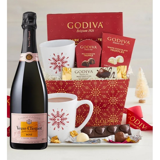Veuve Clicquot Rose Assorted With Godiva Mug & Chocolate Gift Baskets Veuve Clicquot Rose Assorted With Godiva Mug & Chocolate Gift Baskets