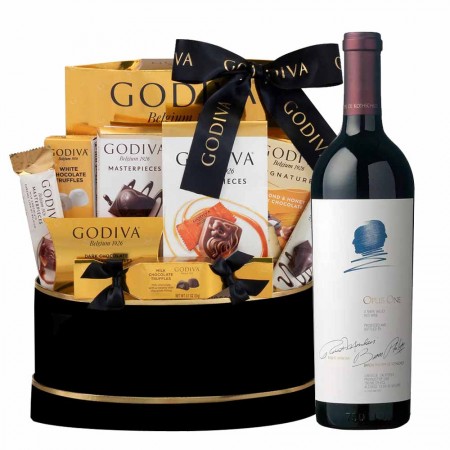 Opus One Red Wine And Godiva Black & Gold Celebration Gift Basket Opus One Red Wine And Godiva Black & Gold Celebration Gift Basket