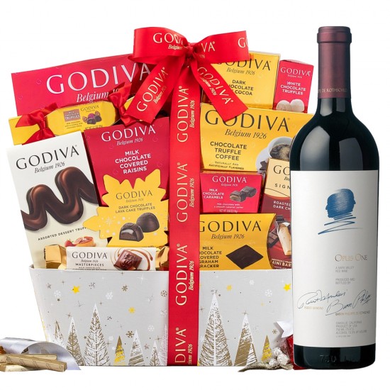 Godiva Chocolate Holiday Wishes Gift Basket With Opus One