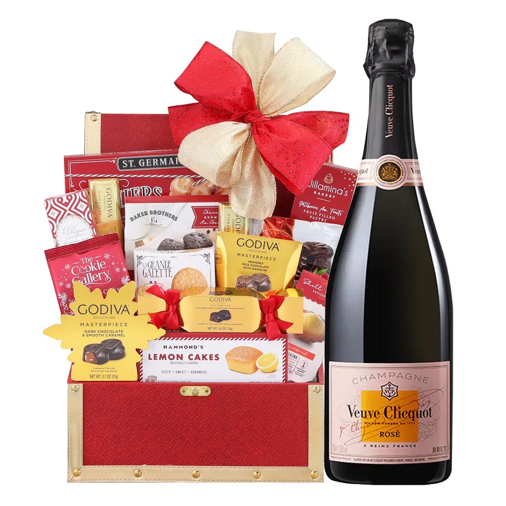 Veuve Clicquot Rose Brut Champagne And Golden Gift Basket Veuve Clicquot Rose with Bon Appetit Gift Basket