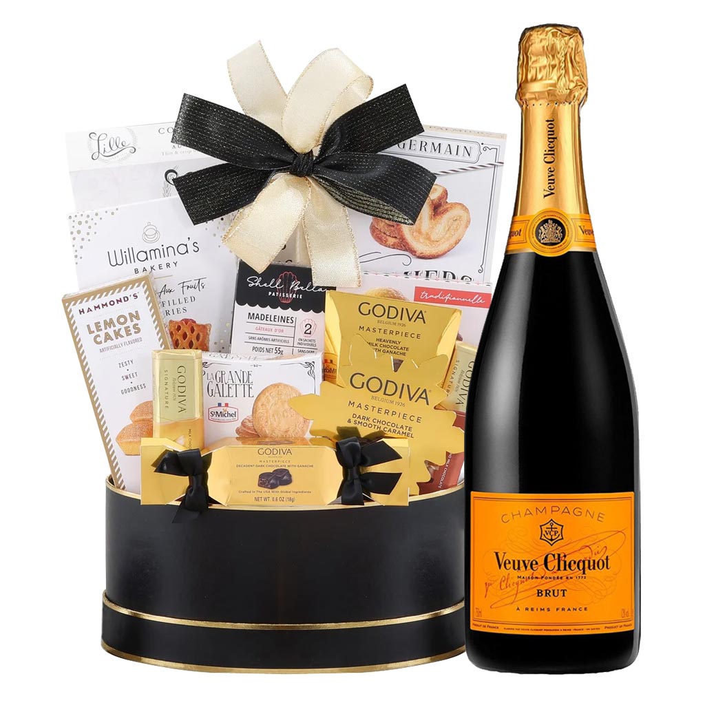 Veuve Clicquot And Godiva Black & Gold Celebration Gift Basket Veuve Clicquot Brut Champagne & Godiva Chocolate Gift Box