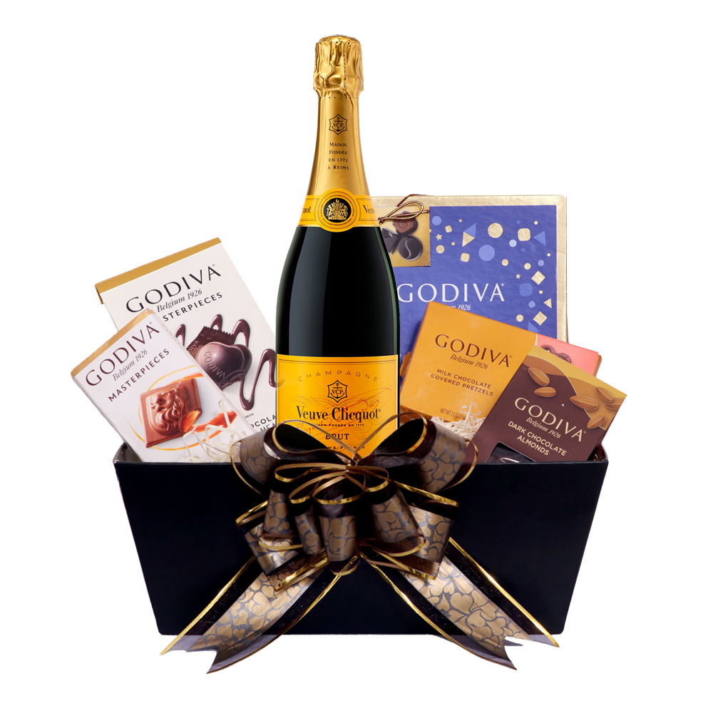 Veuve Clicquot Brut Champagne And Assorted Godiva Chocolates Gift Basket Veuve Clicquot Brut Champagne And Assorted Godiva Chocolates Gift Basket