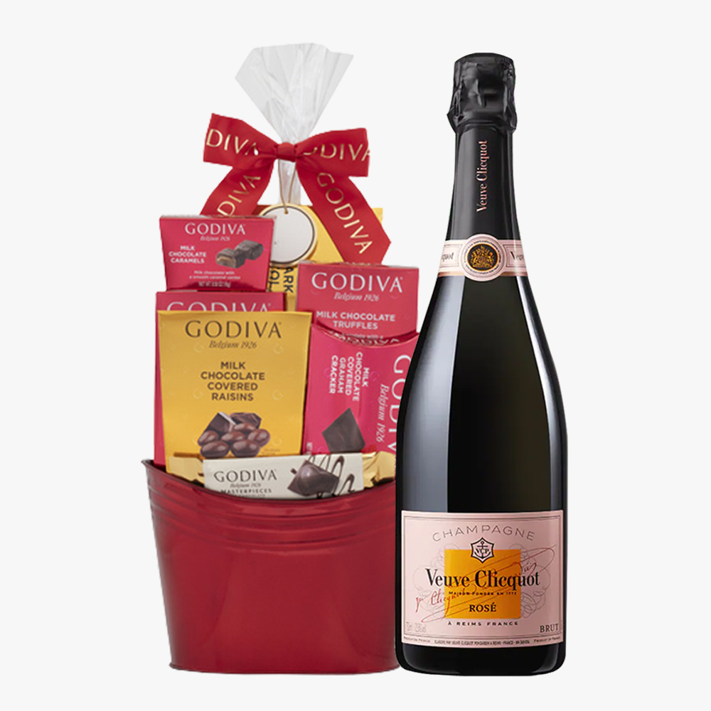 Veuve Clicquot Rose and Godiva Chocolate Gift Basket
